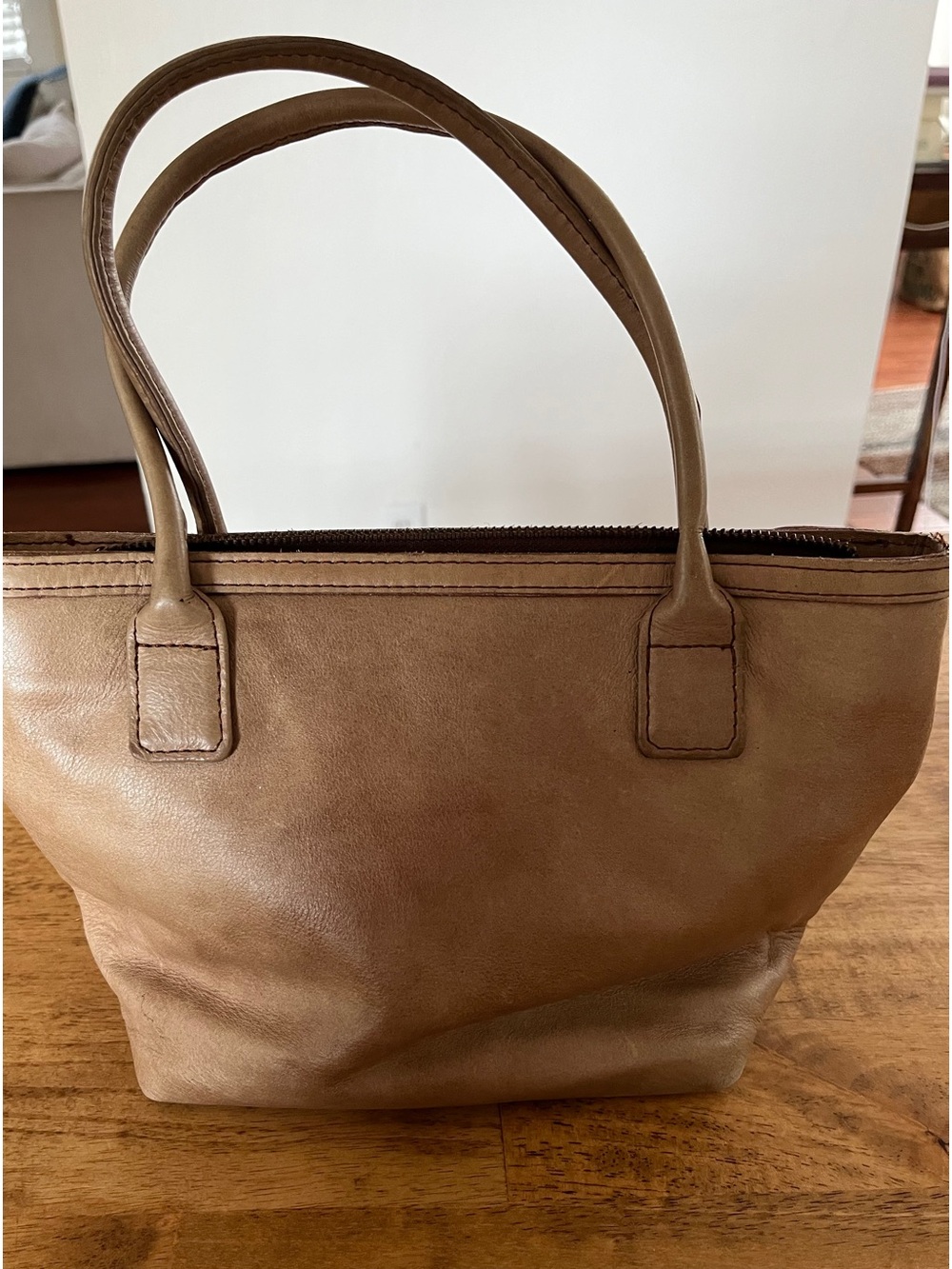 Timothy Oulton taupe leather handbag with Union Jack lining